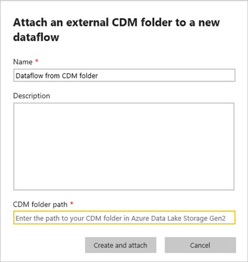 “将新 CDM 目录附加到新数据流”界面的截图。