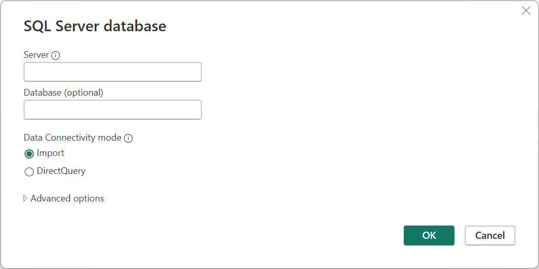Power Query Desktop 中 SQL Server 数据库连接生成器的屏幕截图。