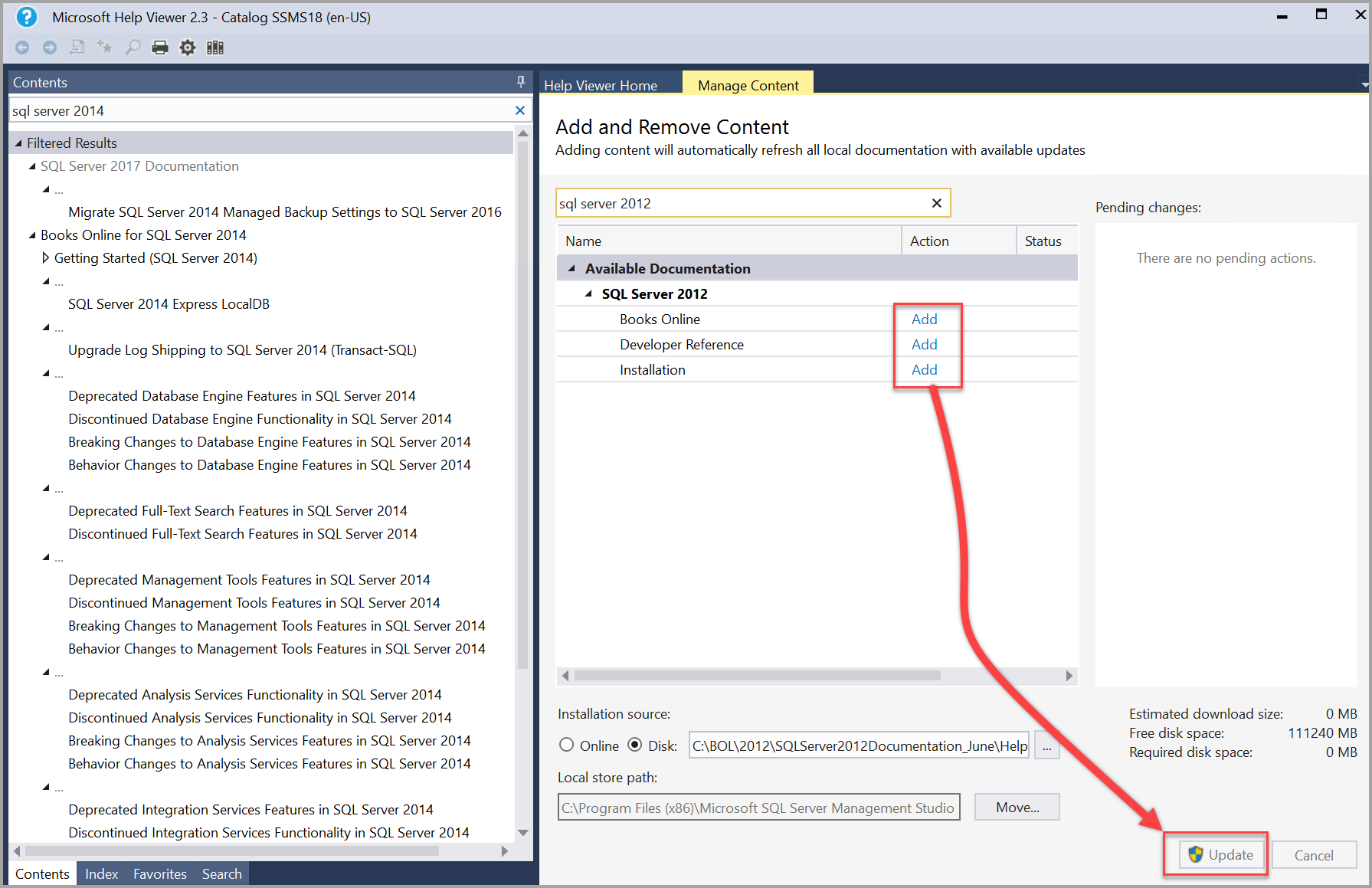 在帮助查看器中添加和更新 SQL Server 2012 书籍