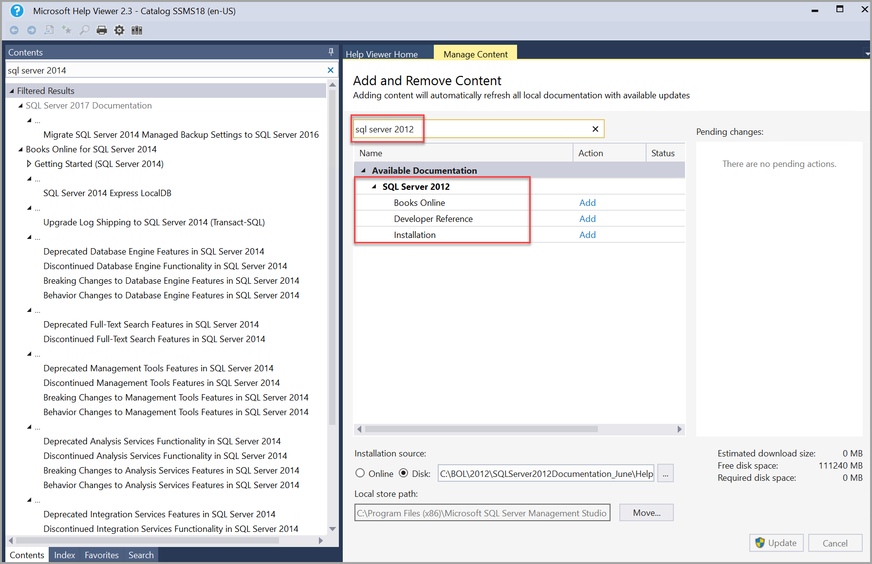 帮助查看器中的 SQL Server 2012 书籍搜索