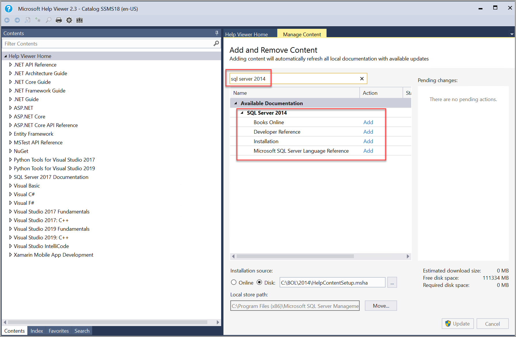 帮助查看器中的 SQL Server 2014 书籍搜索