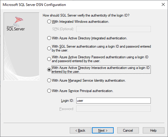 在创建和编辑 DSN 时选择了 Microsoft Entra 交互式身份验证屏幕。