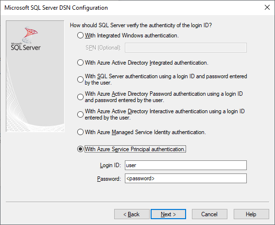 具有 Microsoft Entra 服务主体身份验证选项的 DSN 创建和编辑屏幕。