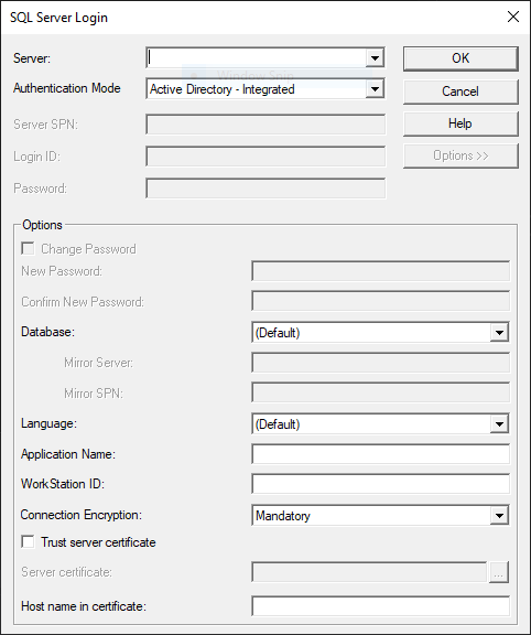 SQL Server 登录对话框的屏幕截图。