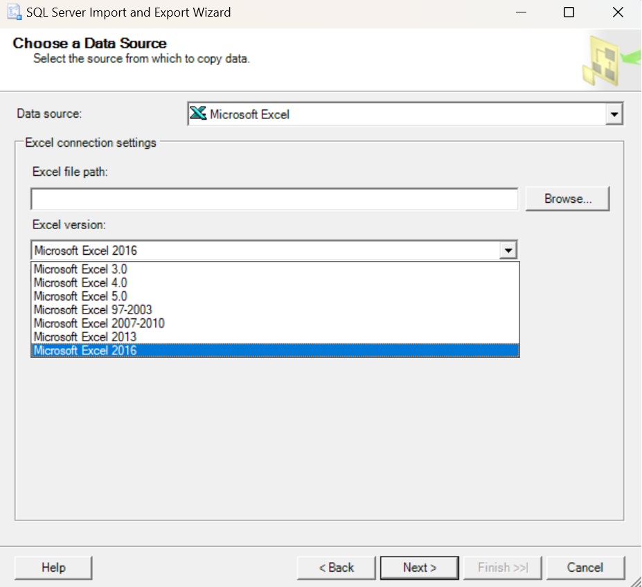 SSMS 中导入和导出 Excel 向导的屏幕截图，其中选择了Microsoft Excel 2016。