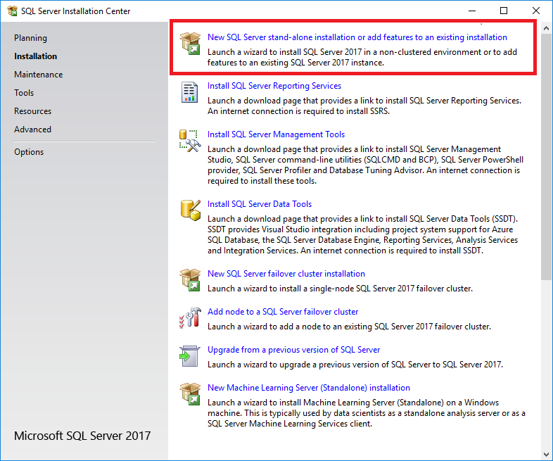 Screenshot，显示用于创建SQL Server独立安装或向现有安装添加功能的选项。