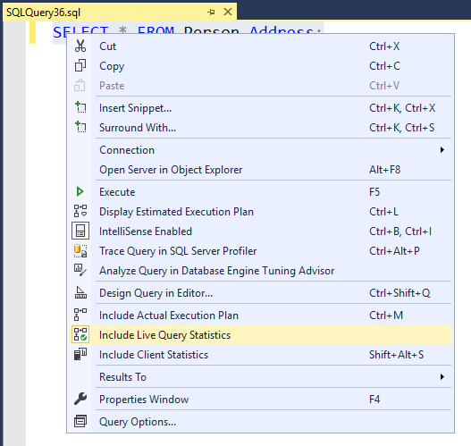 来自 SQL Server Management Studio 的屏幕截图，显示弹出菜单上的“实时查询统计信息”按钮。
