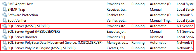 停止和启动 services.msc 中的 PolyBase 服务的屏幕截图。