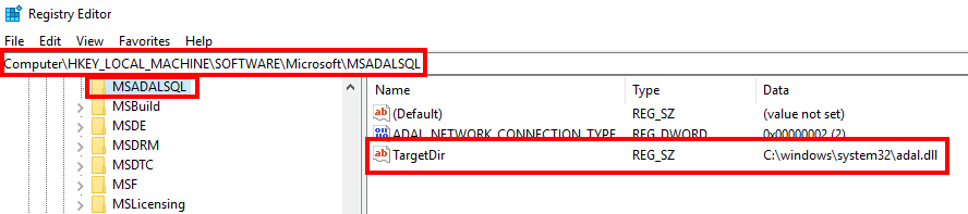adal.dll注册表项的屏幕截图。
