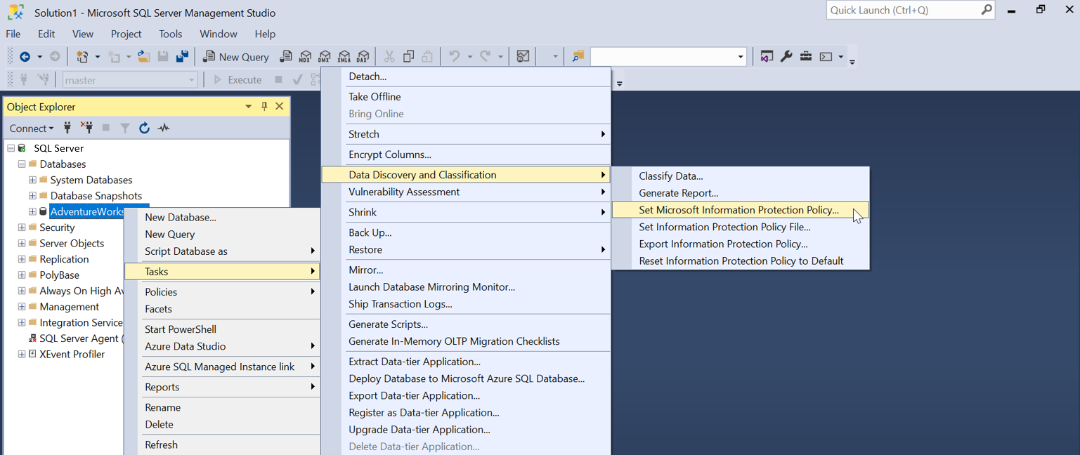 设置 Microsoft Information Protection 策略的 SSMS 截图