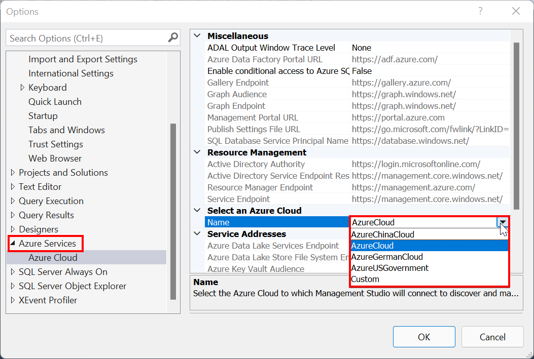 在 SSMS 中选择 Azure 云类型的截图