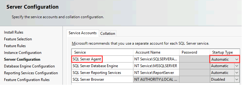 屏幕截图，显示了“服务器配置”页面。在表中，突出显示了“SQL Server 代理”服务和“自动”启动类型。