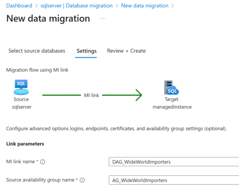 Azure 门户中新数据迁移设置页面上的链接参数的屏幕截图。