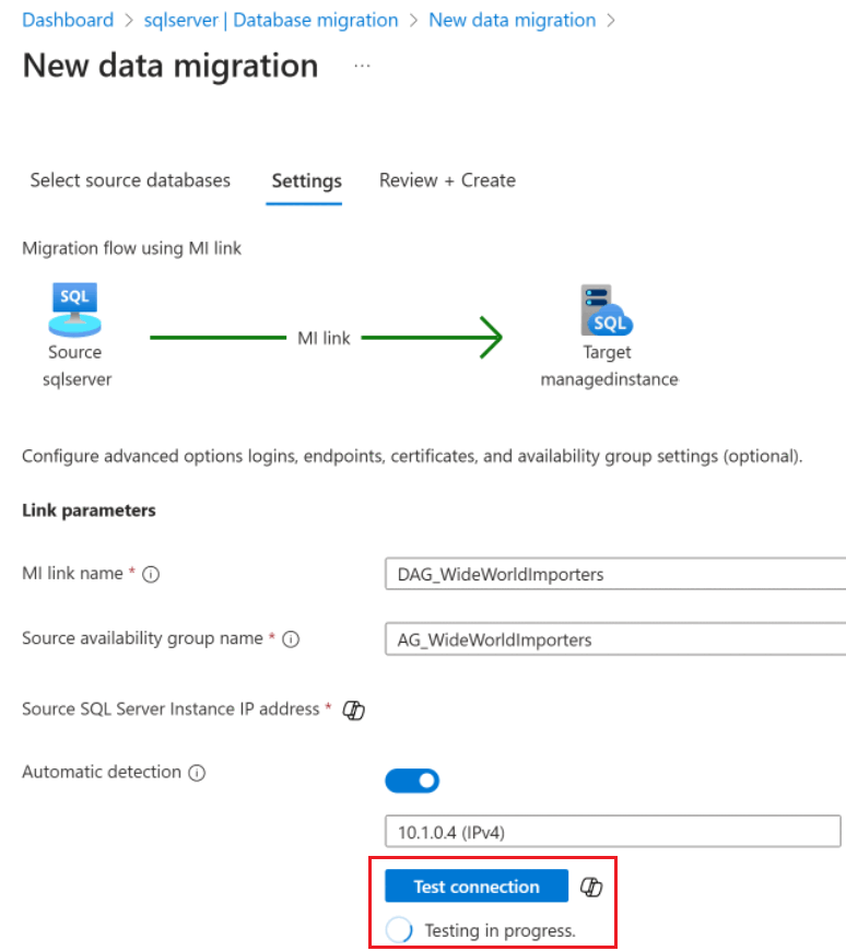 这是一个截图，显示“Managed Instance”链接测试连接按钮。