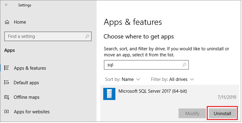 Screenshot 显示如何卸载 SQL Server.