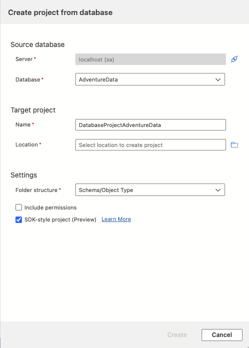 “从数据库创建项目”对话框的截图在Visual Studio Code中。