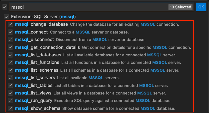 Copilot 代理模式下 MSSQL 扩展提供的特定于 SQL 的工具列表的屏幕截图。
