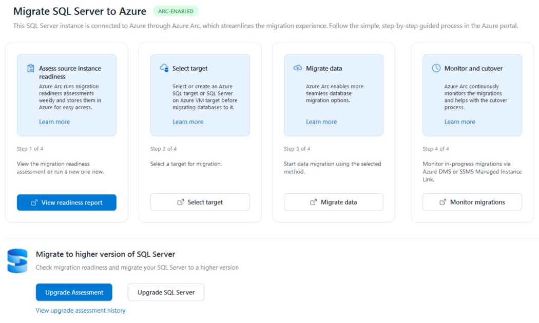 迁移选项卡的屏幕截图显示了由 Azure Arc 启用的 SQL Server 实例的迁移选项。