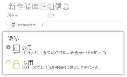 新存储库公共或专用选项的屏幕截图。