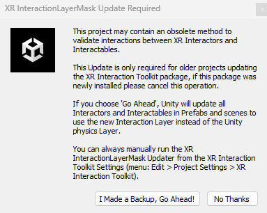 屏幕截图显示更新 XR InteractionLayerMask 中的方法。