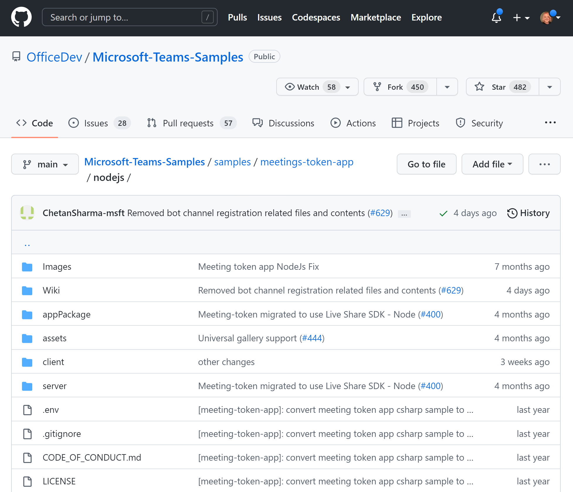 Teams 会议令牌应用程序的 GitHub 代码存储库的屏幕截图