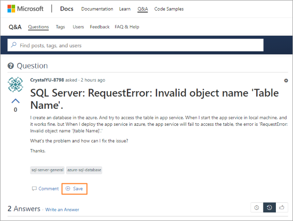 Q&A 中标题为“SQL Server： RequestError： 对象名称'表名称'无效”的问题的屏幕截图