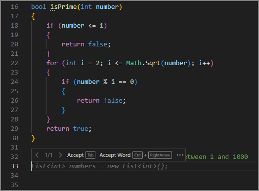 Visual Studio Code 编辑器屏幕截图显示基于上方注释的第一行代码的虚文本建议。