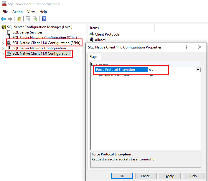 SQL Server 配置管理器中 SQL Native Client 11.0 配置属性的屏幕截图。