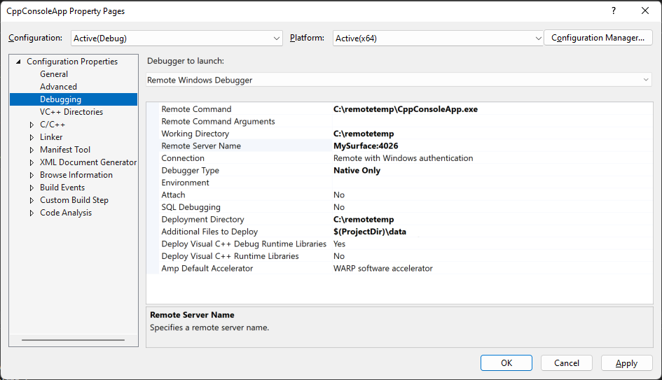 在“Visual Studio 解决方案资源管理器”属性中的“调试”选项卡的截图。调试器启动属性设置为“远程 Windows 调试器”。