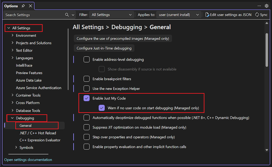 显示如何在 Visual Studio 中选择“仅我的代码”选项的屏幕截图。