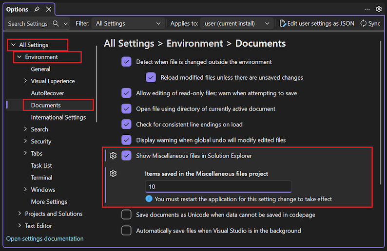 显示如何在 Visual Studio 的解决方案资源管理器选项中配置“显示杂项文件”的屏幕截图。