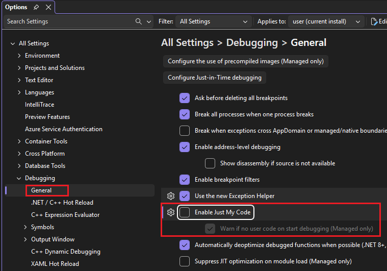 Visual Studio 调试设置的屏幕截图。