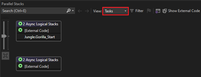 “并行堆栈”窗口中“任务”视图的屏幕截图。