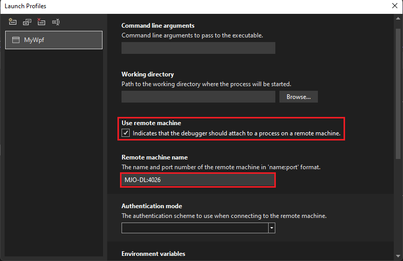 Visual Studio 项目属性中 C# 和 .NET 的调试启动配置文件 UI 截图。
