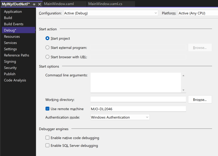 “Visual Studio 项目属性”中的“调试”选项卡的截图。使用远程计算机属性设置为“MJO-DL：4026”。