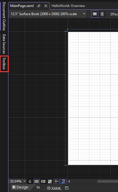 屏幕截图，显示 XAML 设计器窗格左侧突出显示的“工具箱”浮出窗口的选项卡。