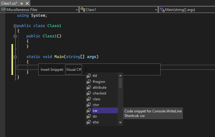 C# 代码片段列表的 IntelliSense 弹出窗口的屏幕截图。