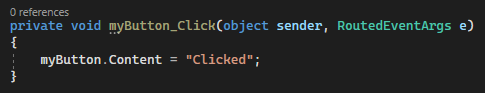 显示 Visual Studio 2022 中默认Button_Click事件处理程序的 C# 代码的屏幕截图。