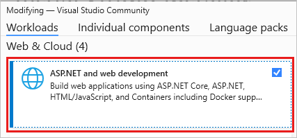 屏幕截图显示修改 Visual Studio 安装程序中的工作负荷。