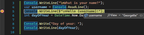 在 Visual Studio 2022 中显示变量值的屏幕截图。