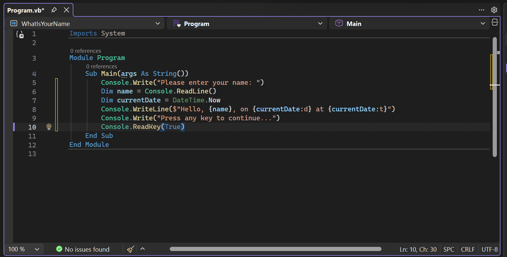 屏幕截图，显示 Visual Basic 代码编辑器中加载的“WhatIsYourName”项目中“Program.vb”文件的代码。