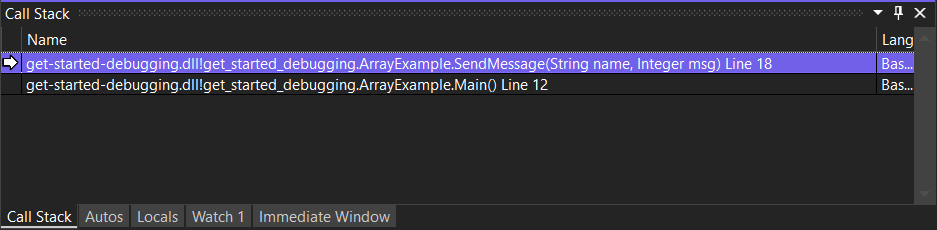 显示 Visual Studio 调用堆栈窗口的屏幕截图，顶部行中突出显示了 SendMessage 方法调用。