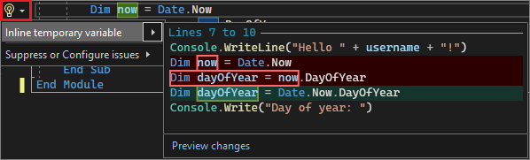 截图显示 Visual Studio 2022 中的内联临时变量建议。