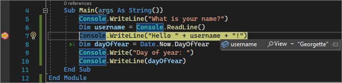 在 Visual Studio 2022 中显示变量值的屏幕截图。