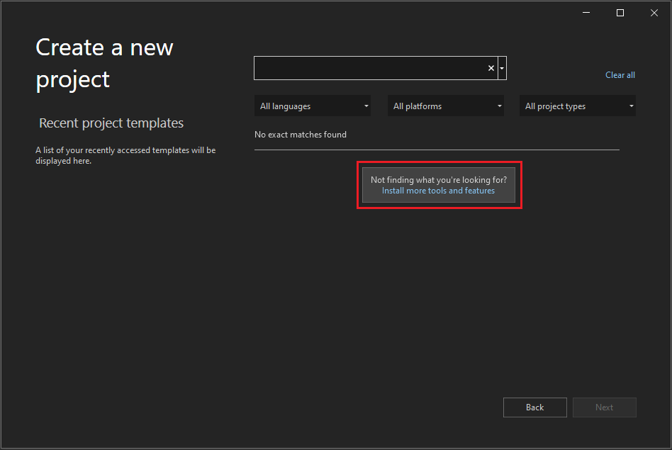 Screenshot 显示 2022 Visual Studio“创建新项目”窗口，其中突出显示了“安装更多工具和功能”链接。