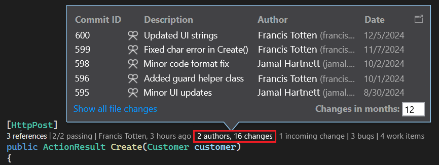 显示 Visual Studio CodeLens 中代码变更历史数据的截图。