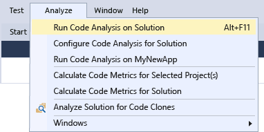 Visual Studio Code Analysis 菜单项的屏幕截图。