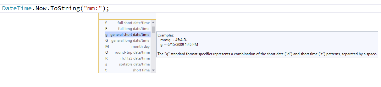 DateTime 完成 IntelliSense 的屏幕截图。