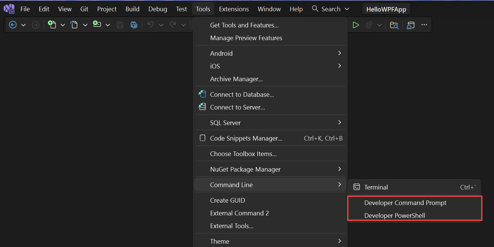 Visual Studio 中命令行菜单的屏幕截图。
