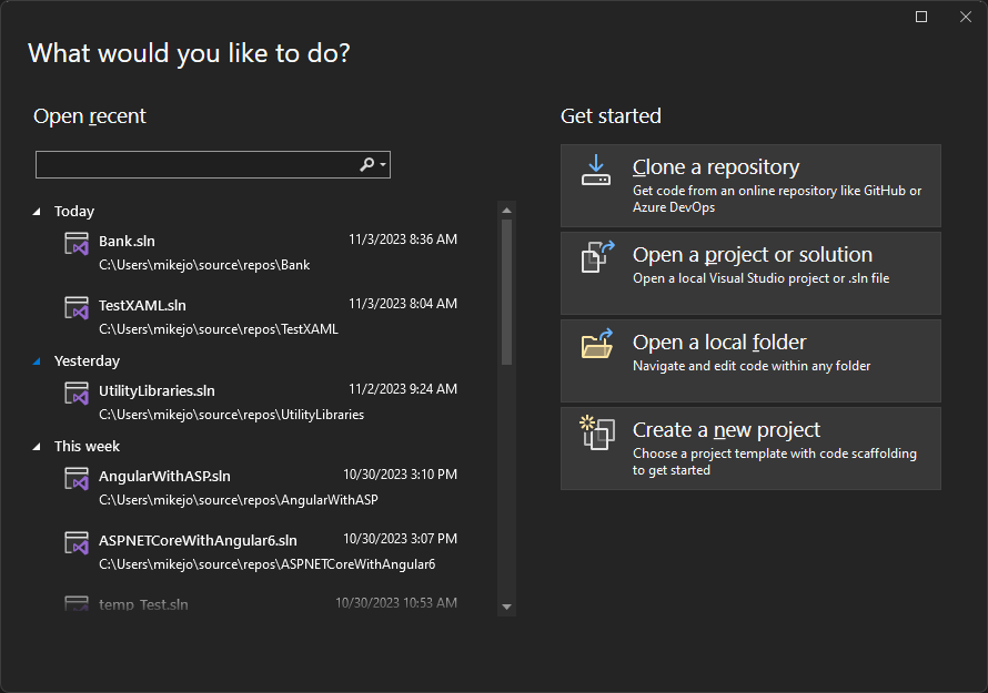 Visual Studio 2022 中开始窗口的屏幕截图。